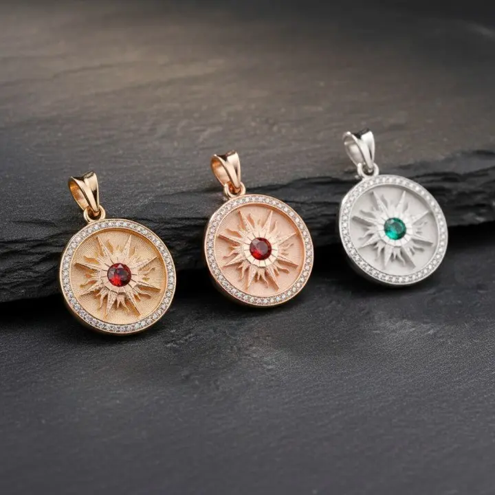 925 Silver Mini Round Sun 12 Birthstone Pendant | 17mm 3 Finishes Lightweight